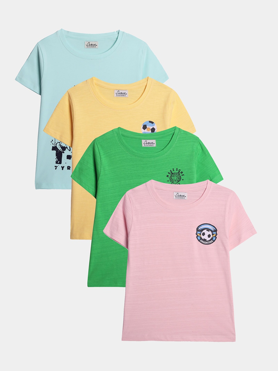 

Anthrilo Boys Pack Of 4 Printed Round Neck Short Sleeves Cotton T-shirt, Green