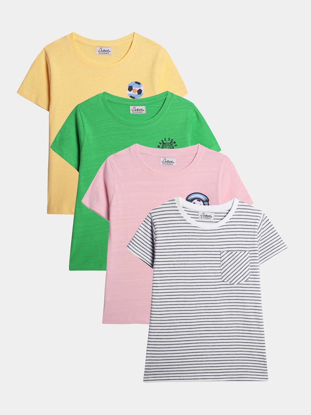 

Anthrilo Boys Pack Of 4 Striped Round Neck Short Sleeves Cotton T-shirt, Green