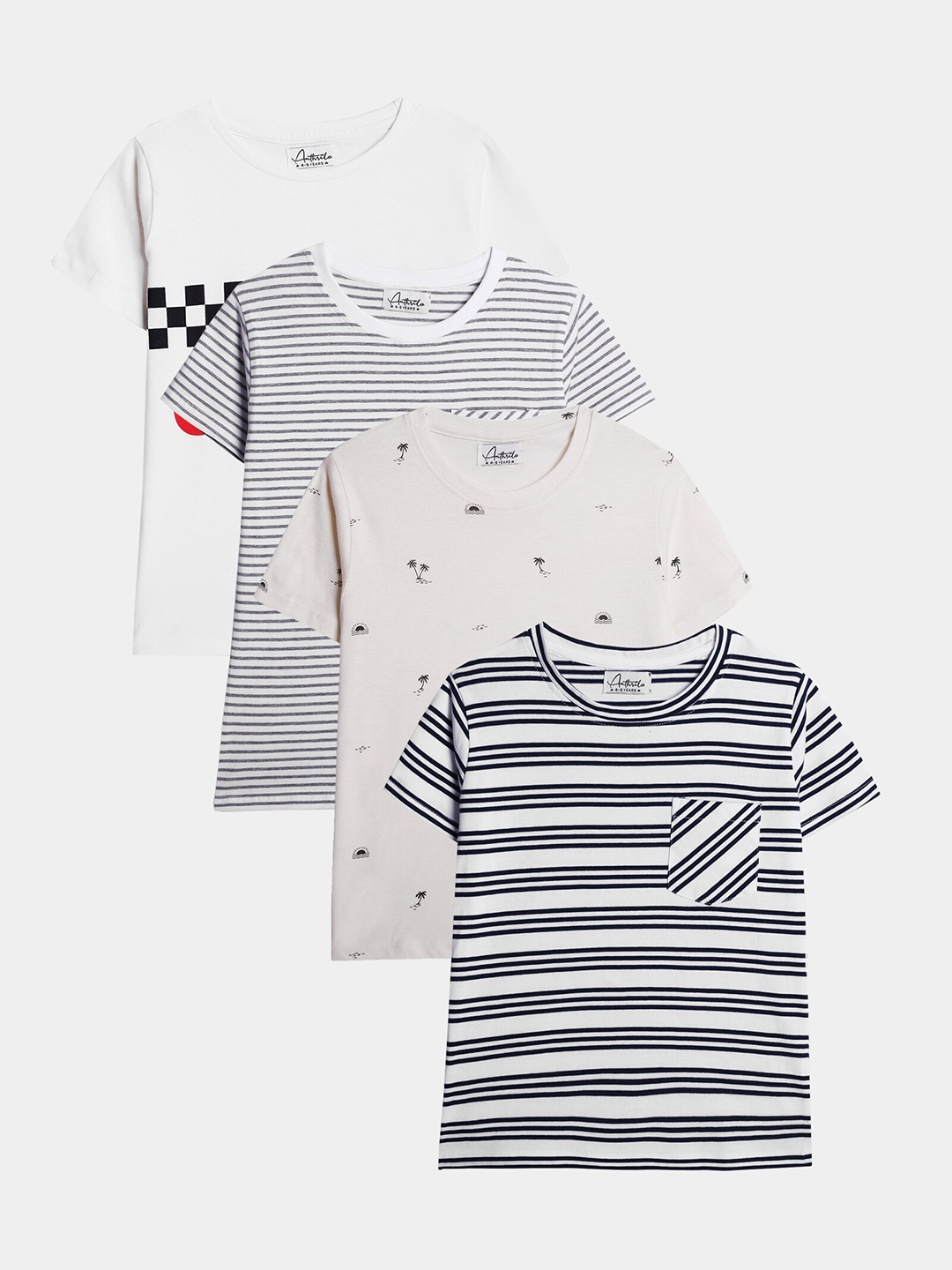 

Anthrilo Boys Pack Of 4 Striped Round Neck Short Sleeves Cotton T-shirt, White