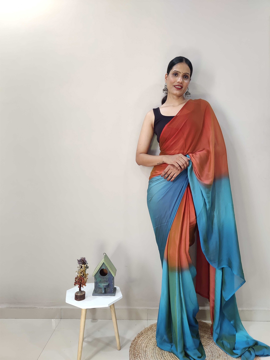 

Mitera Orange & Blue Ombre Dyed Ready To Wear Saree