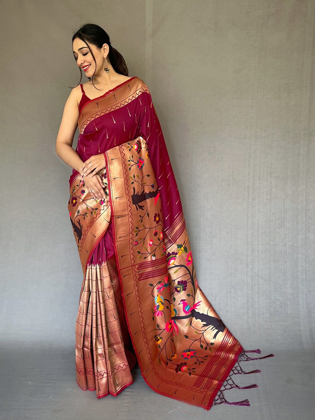 

SGF11 Ethnic Motifs Woven Design Zari Silk Cotton Narayan Peth Saree, Maroon