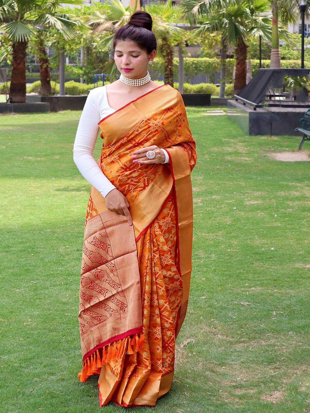 

SGF11 Ethnic Motifs Woven Design Zari Silk Cotton Patola Saree, Orange