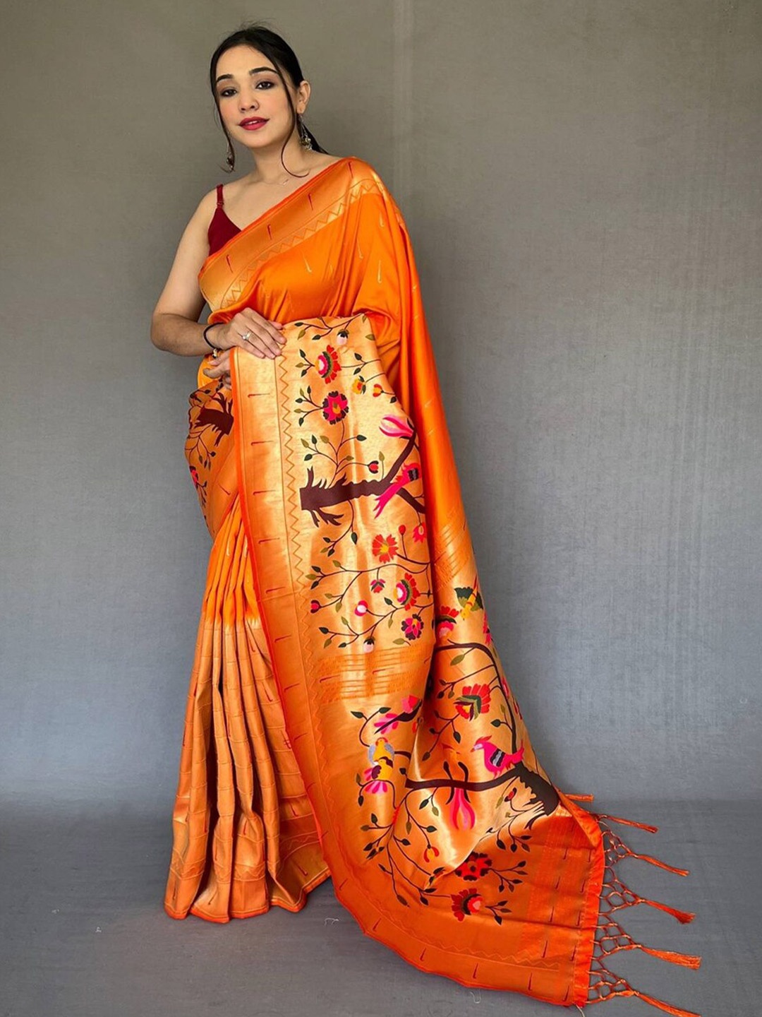 

SGF11 Woven Design Pure Zari Heavy Work Paithani Kanjeevaram Silk Saree, Orange