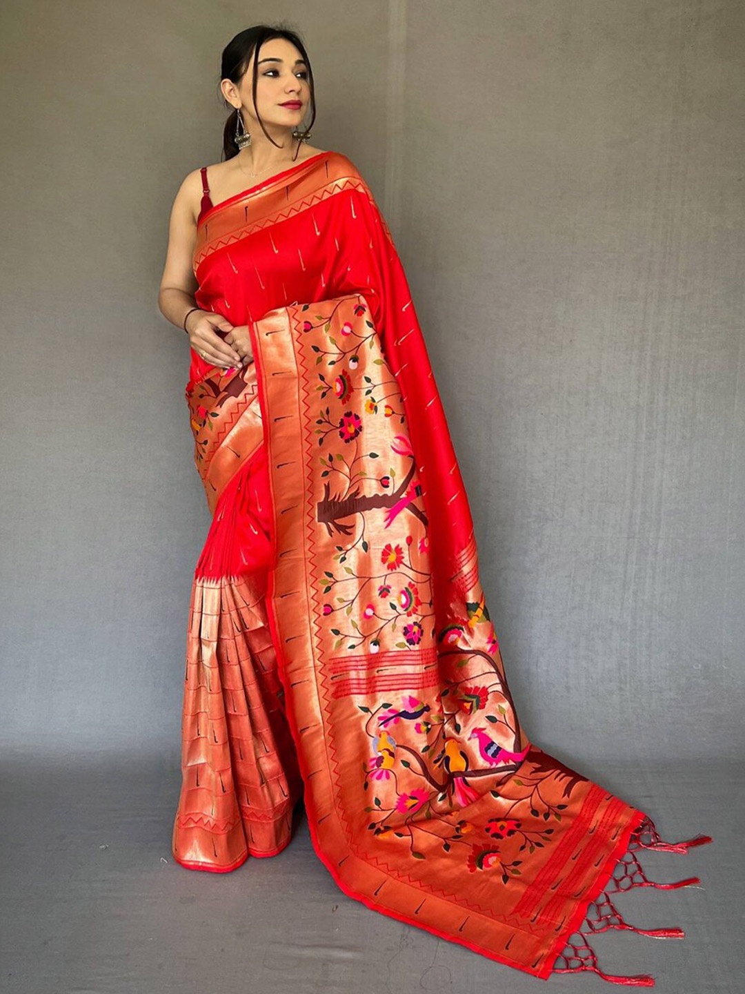 

SGF11 Woven Design Pure Zari Heavy Work Paithani Kanjeevaram Silk Saree, Red