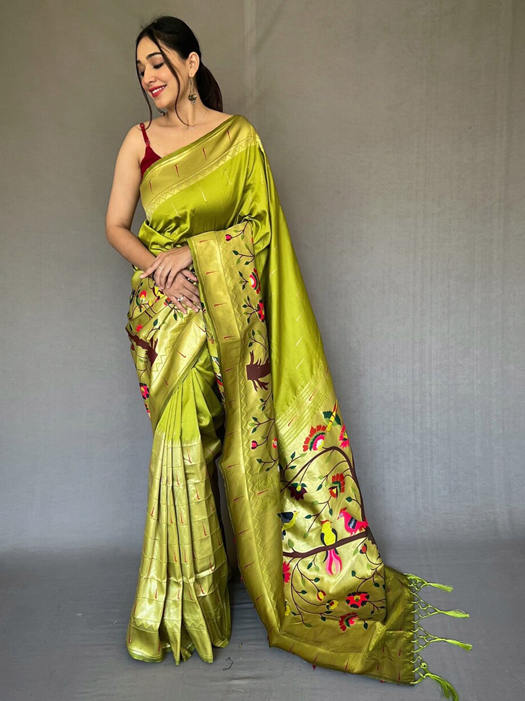 

SGF11 Abstract Woven Design Zari Silk Cotton Narayan Peth Saree, Lime green