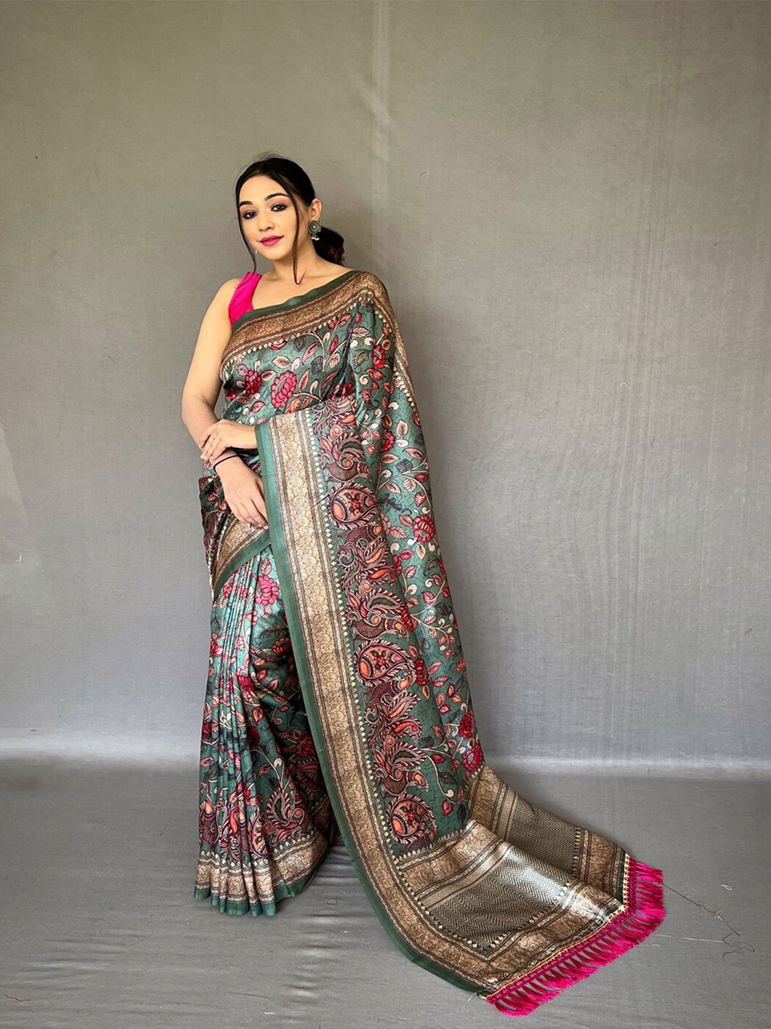 

SGF11 Ethnic Motifs Printed Zari Silk Cotton Kanjeevaram Saree, Green