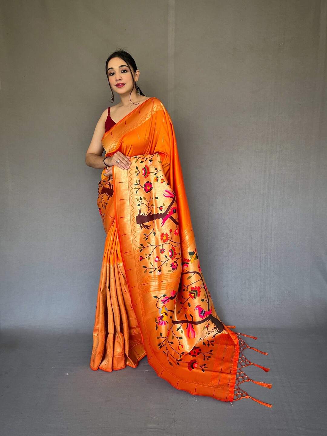 

SGF11 Ethnic Motifs Woven Design Zari Silk Cotton Narayan Peth Saree, Orange
