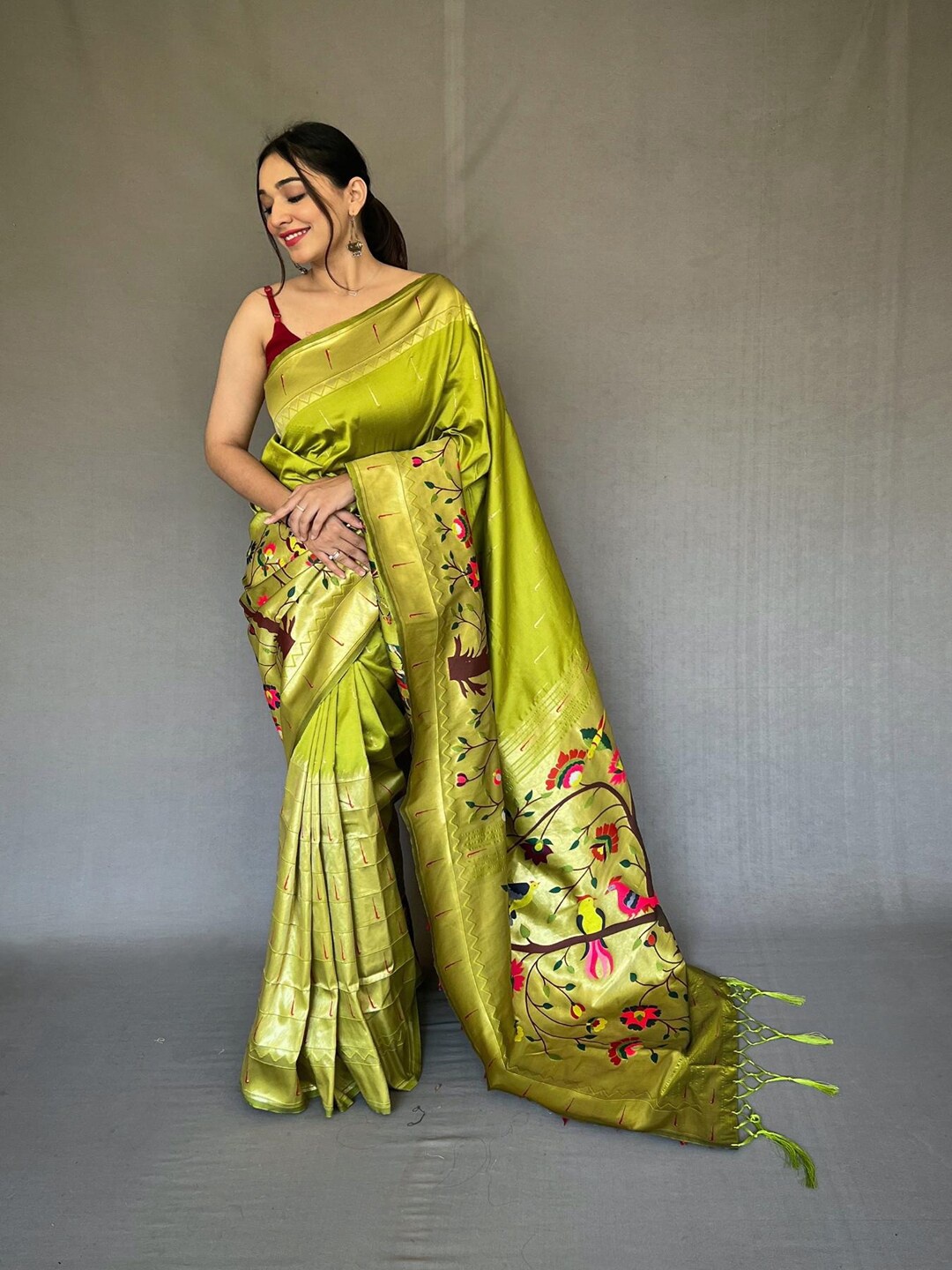 

SGF11 Woven Design Pure Zari Heavy Work Paithani Kanjeevaram Silk Saree, Lime green