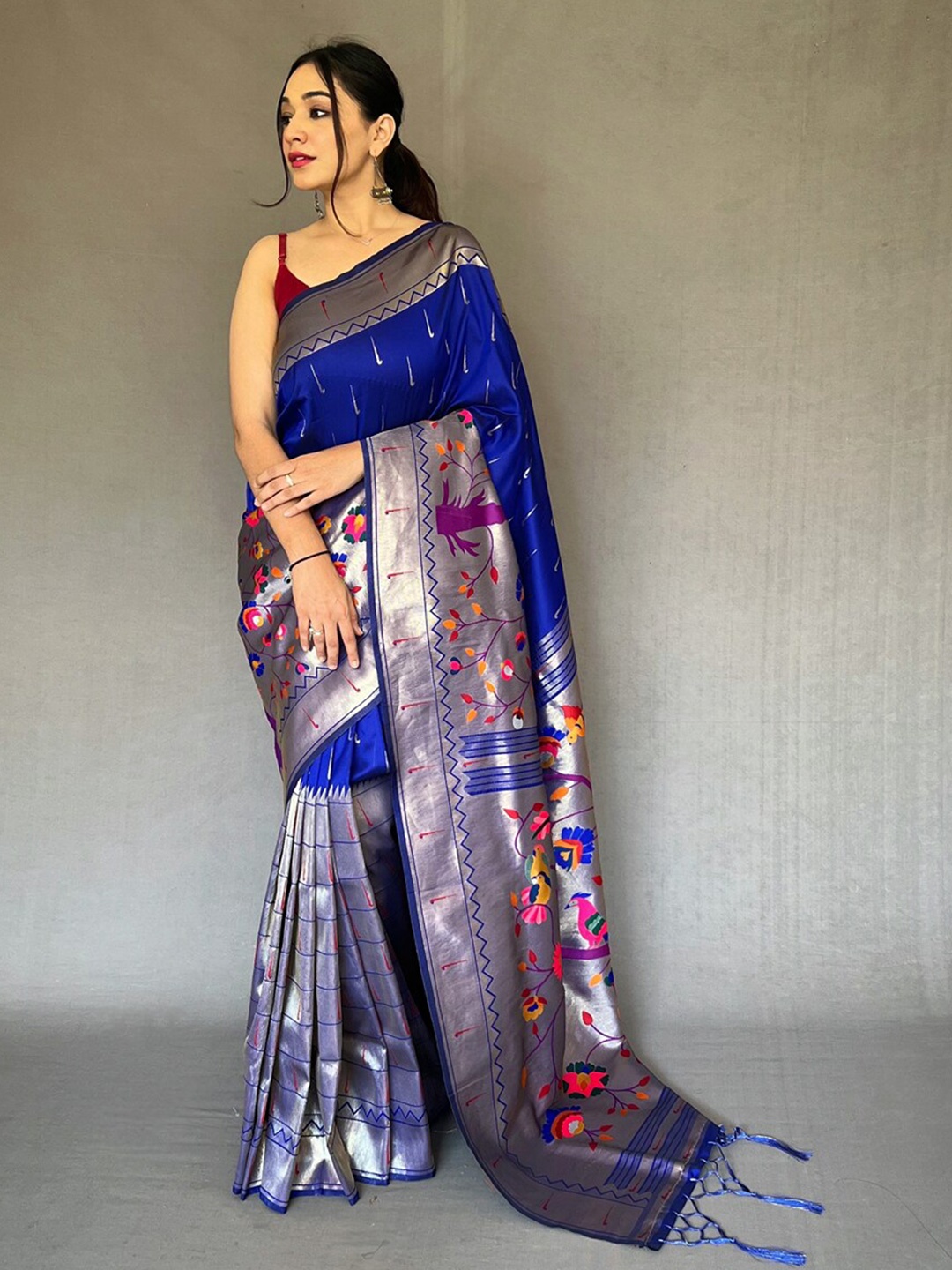 

SGF11 Abstract Woven Design Zari Silk Cotton Narayan Peth Saree, Blue