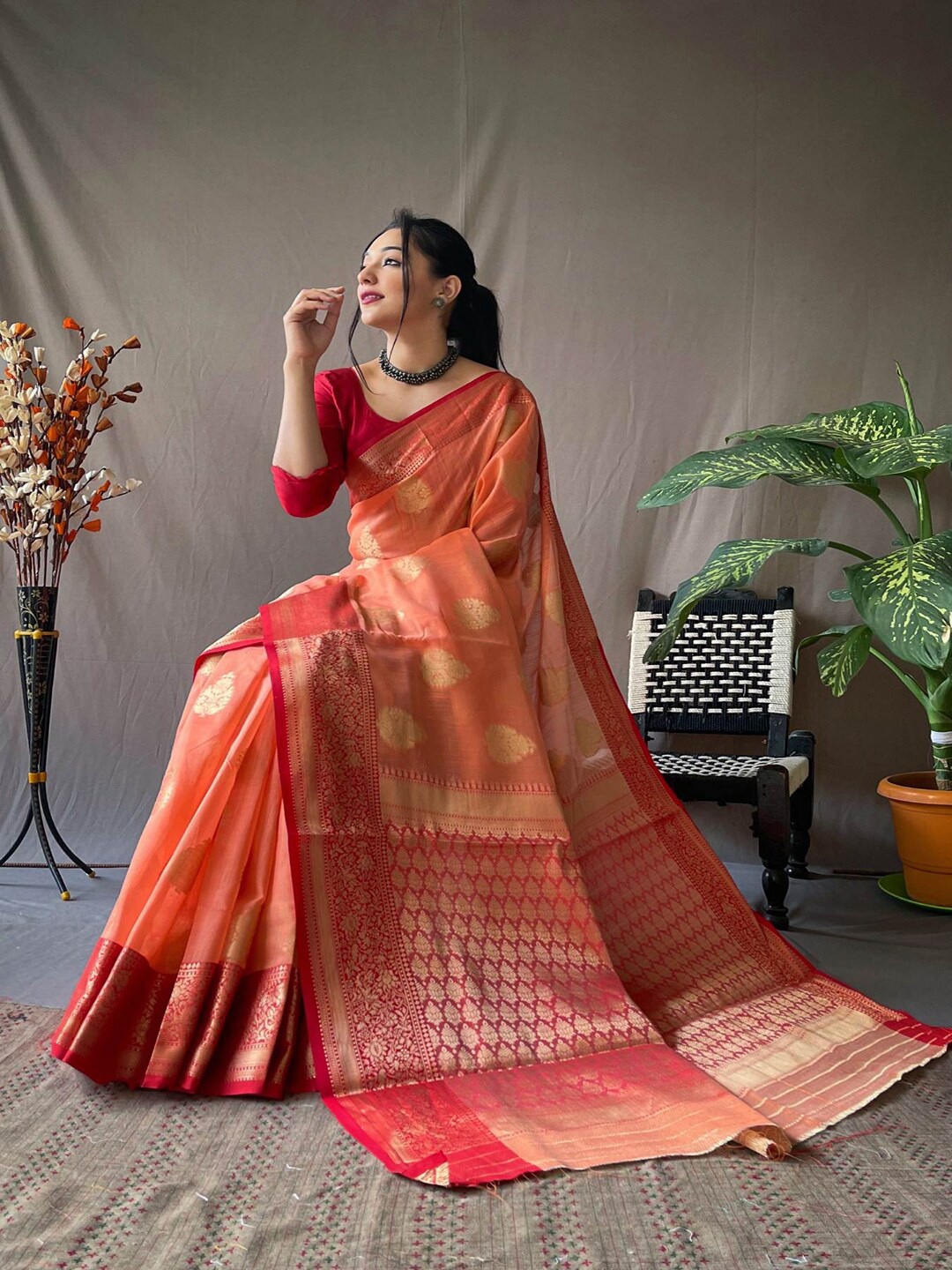 

SGF11 Woven Design Zari Silk Cotton Designer Kanjeevaram Saree, Orange