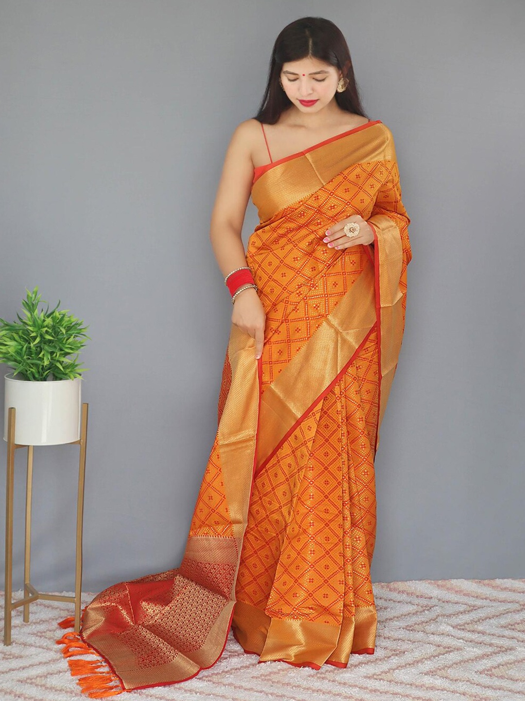

SGF11 Woven Design Heavy Zari Work Kanjeevaram Patola Silk Saree, Mustard