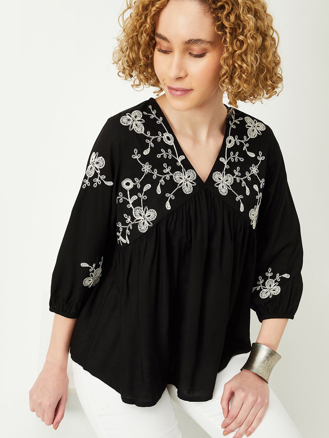

max Floral Embroidered V-Neck Gathers Tunic, Black