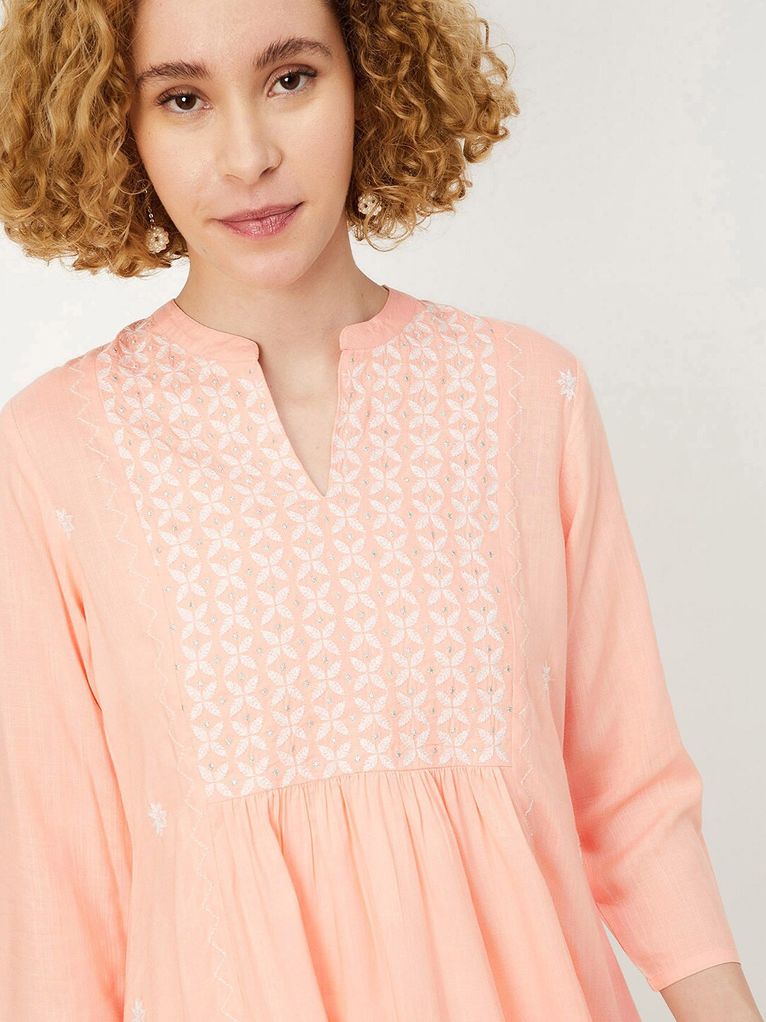 

max Floral Embroidered Mandarin Collar Gathers Tunic, Peach