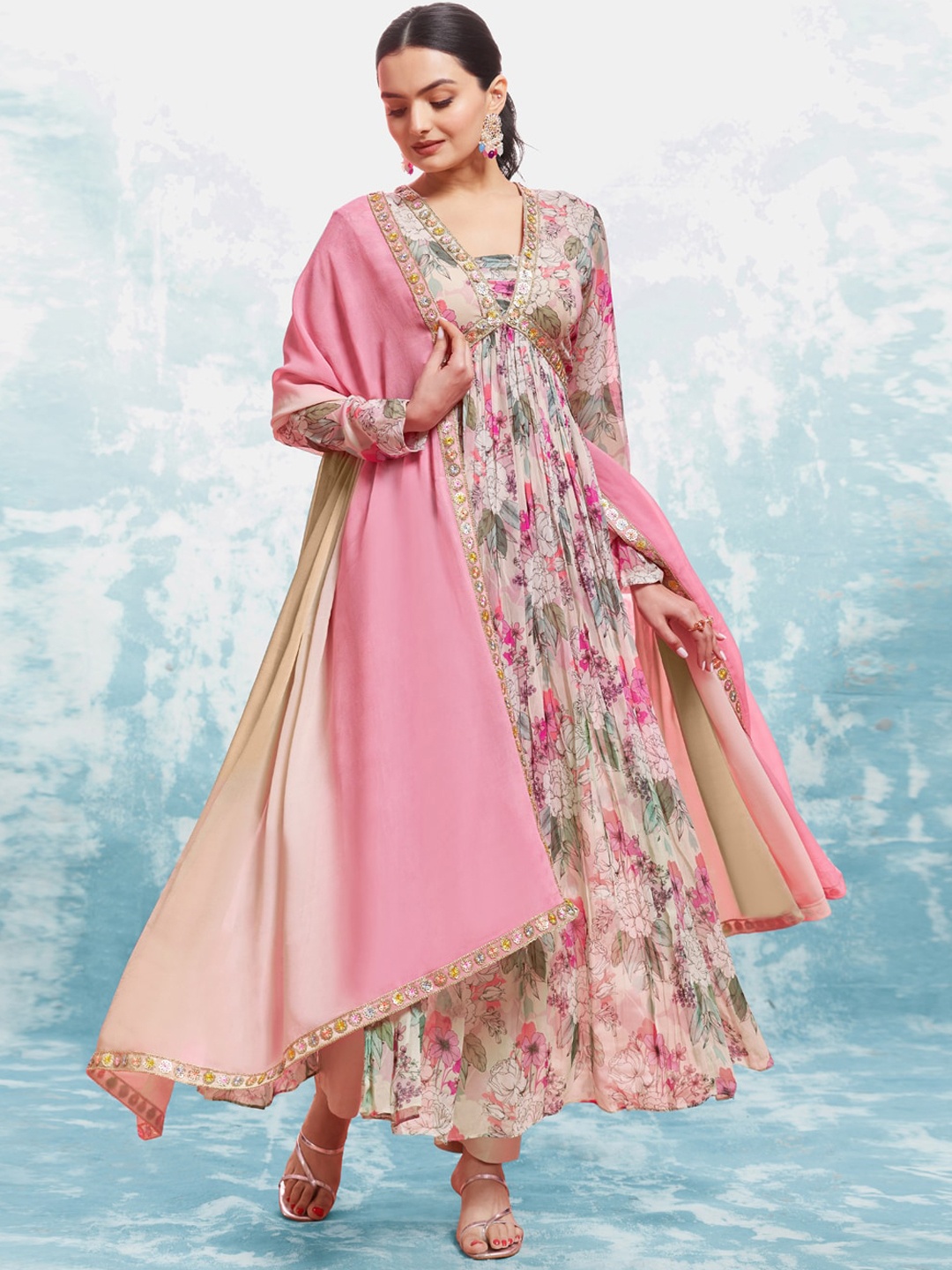 

Fusionic Floral Printed Empire V-Neck Thread Work Anarkali Kurta With Trousers & Dupatta, Pink