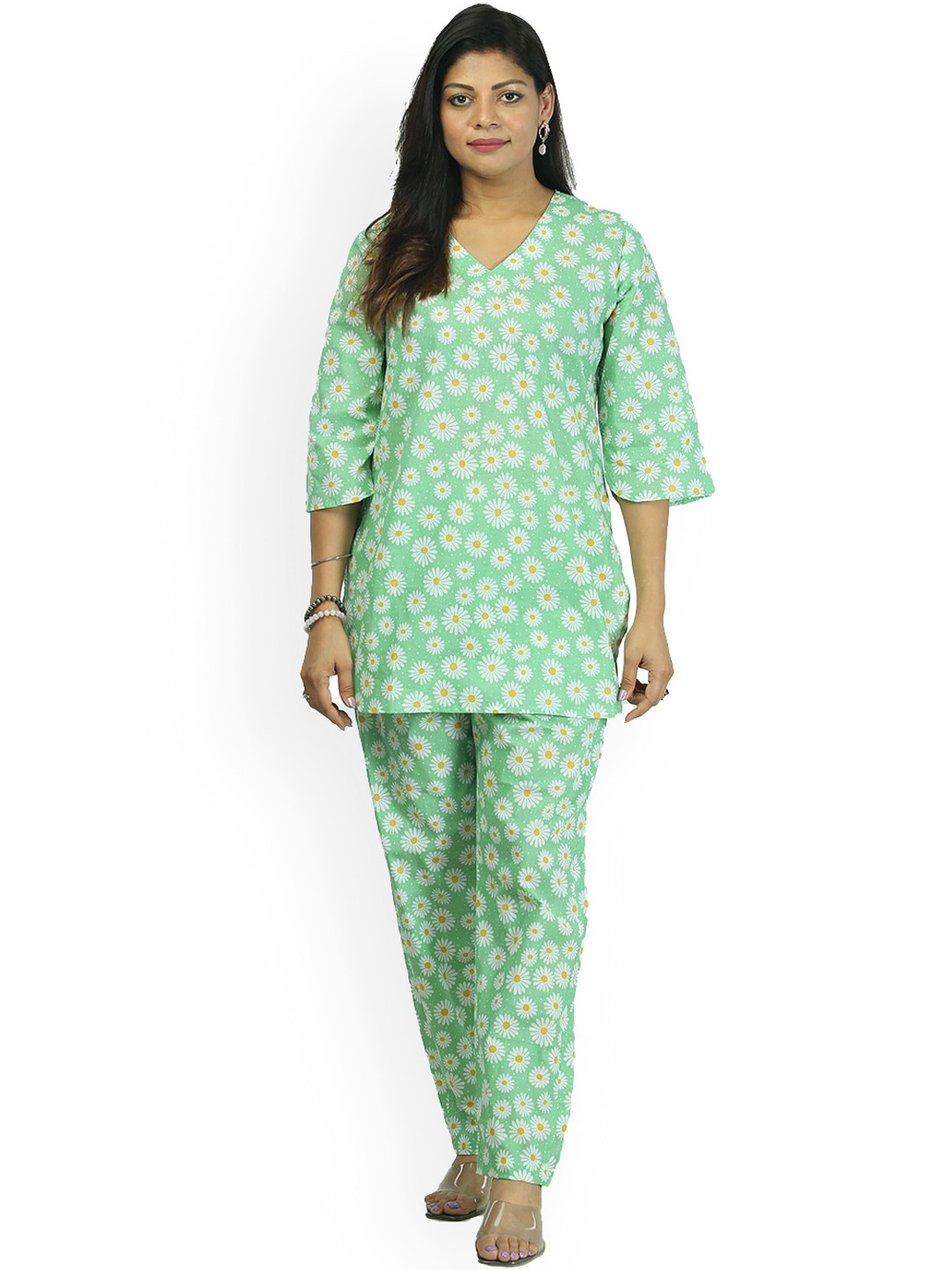 

Freesia Array Printed V-Neck Pure Cotton Top With Trousers, Green