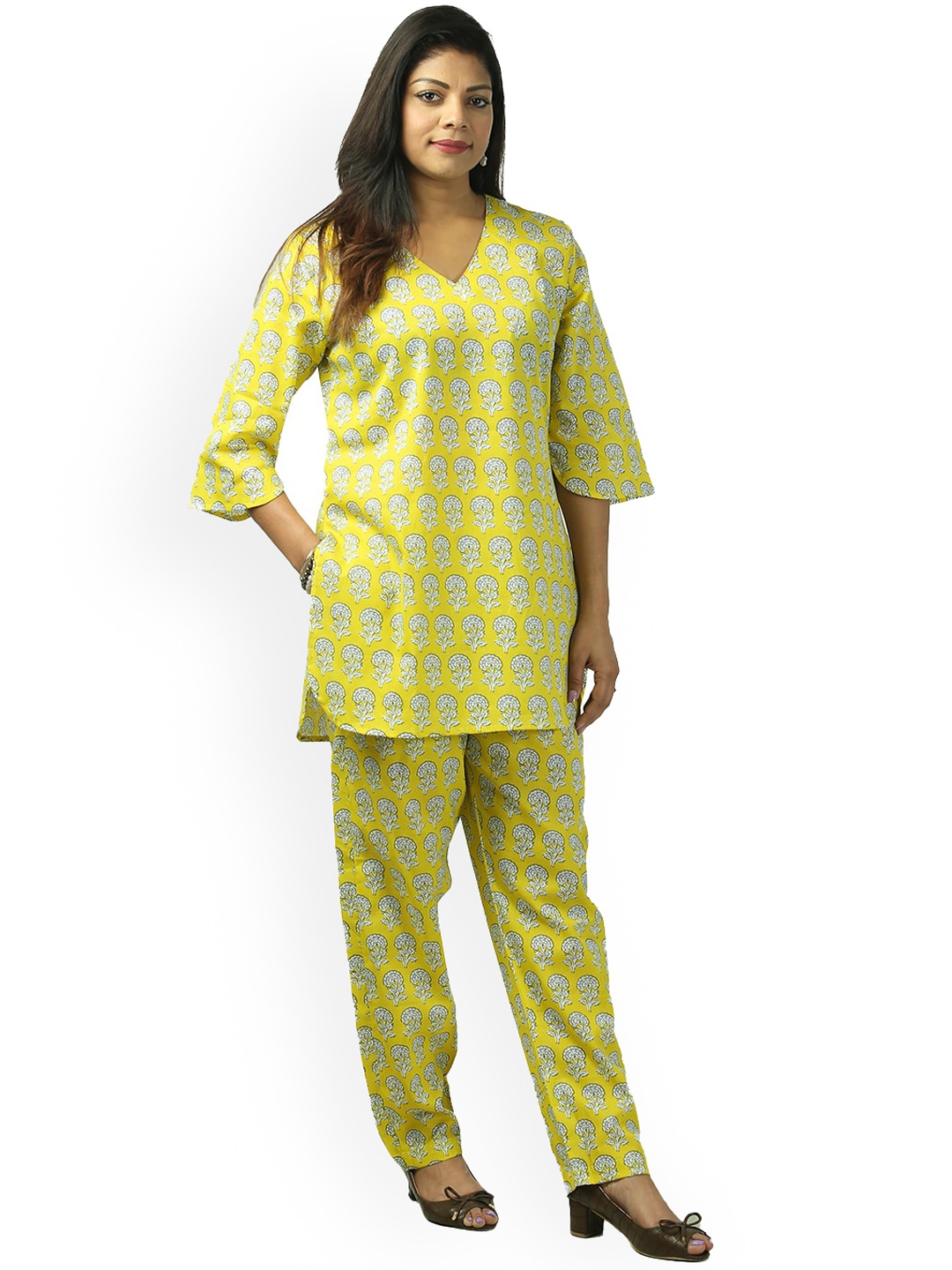 

Freesia Array Printed Pure Cotton Top & Trouser, Yellow