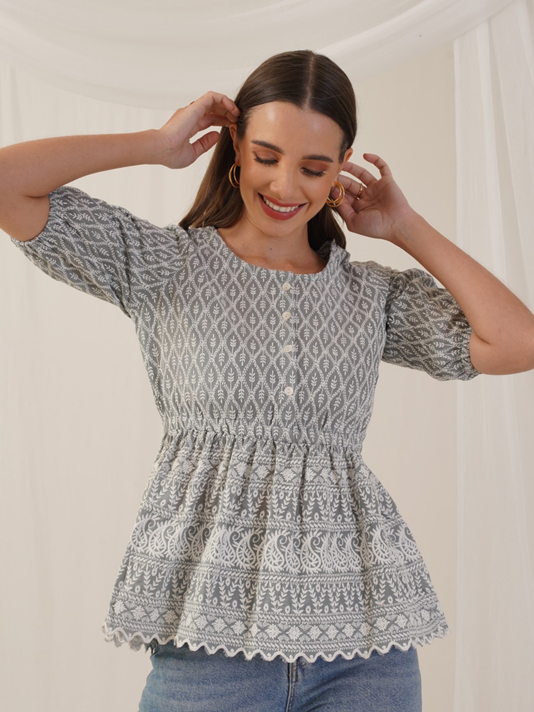 

Indian Needle Geometric Print Puff Sleeves Cotton Empire Top, Grey