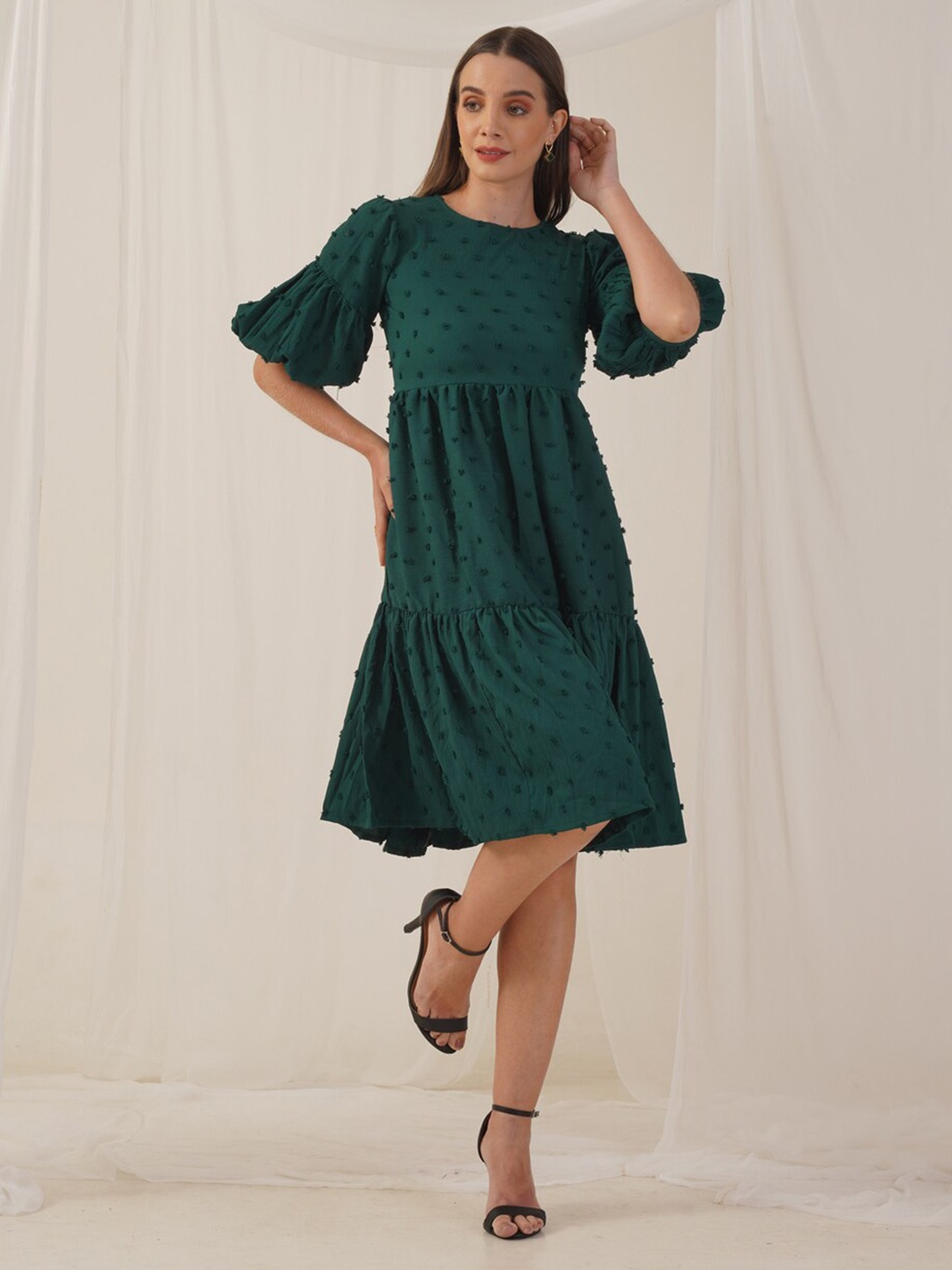 

Indian Needle Self Design Round Neck Flared Sleeve Georgette A-Line Dress, Green