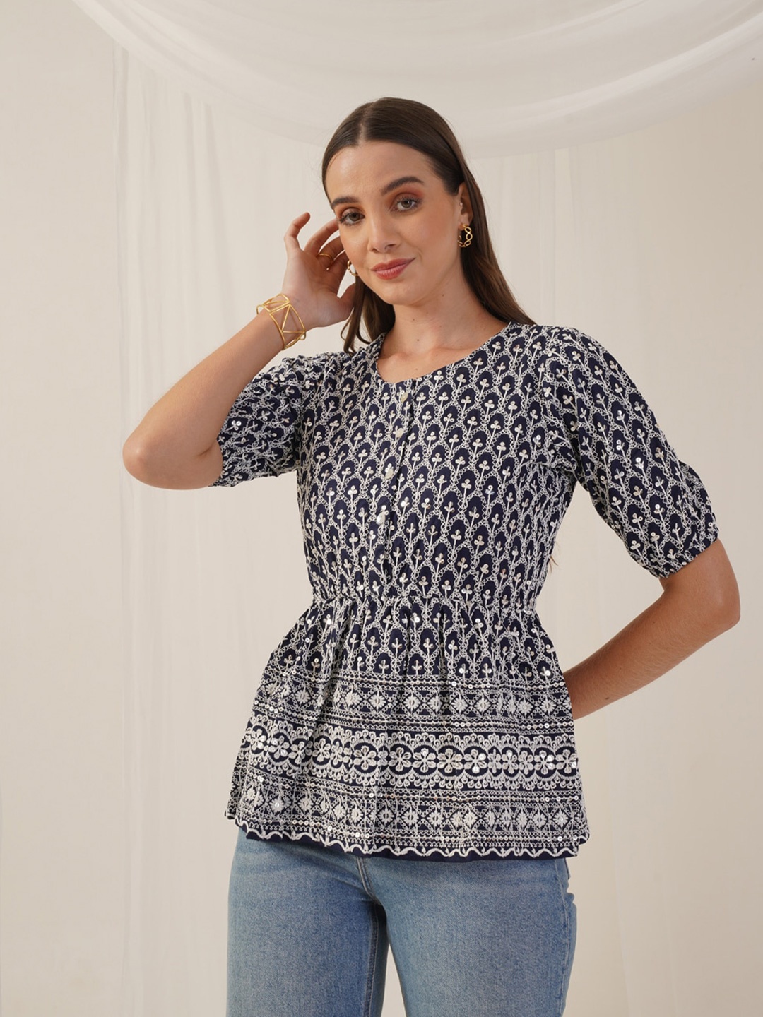 

Indian Needle Geometric Print Puff Sleeves Cotton Cinched Waist Top, Navy blue