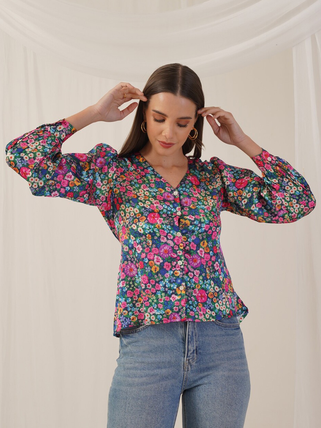 

Indian Needle Floral Print Cuffed Sleeves Satin Shirt Style Top, Blue