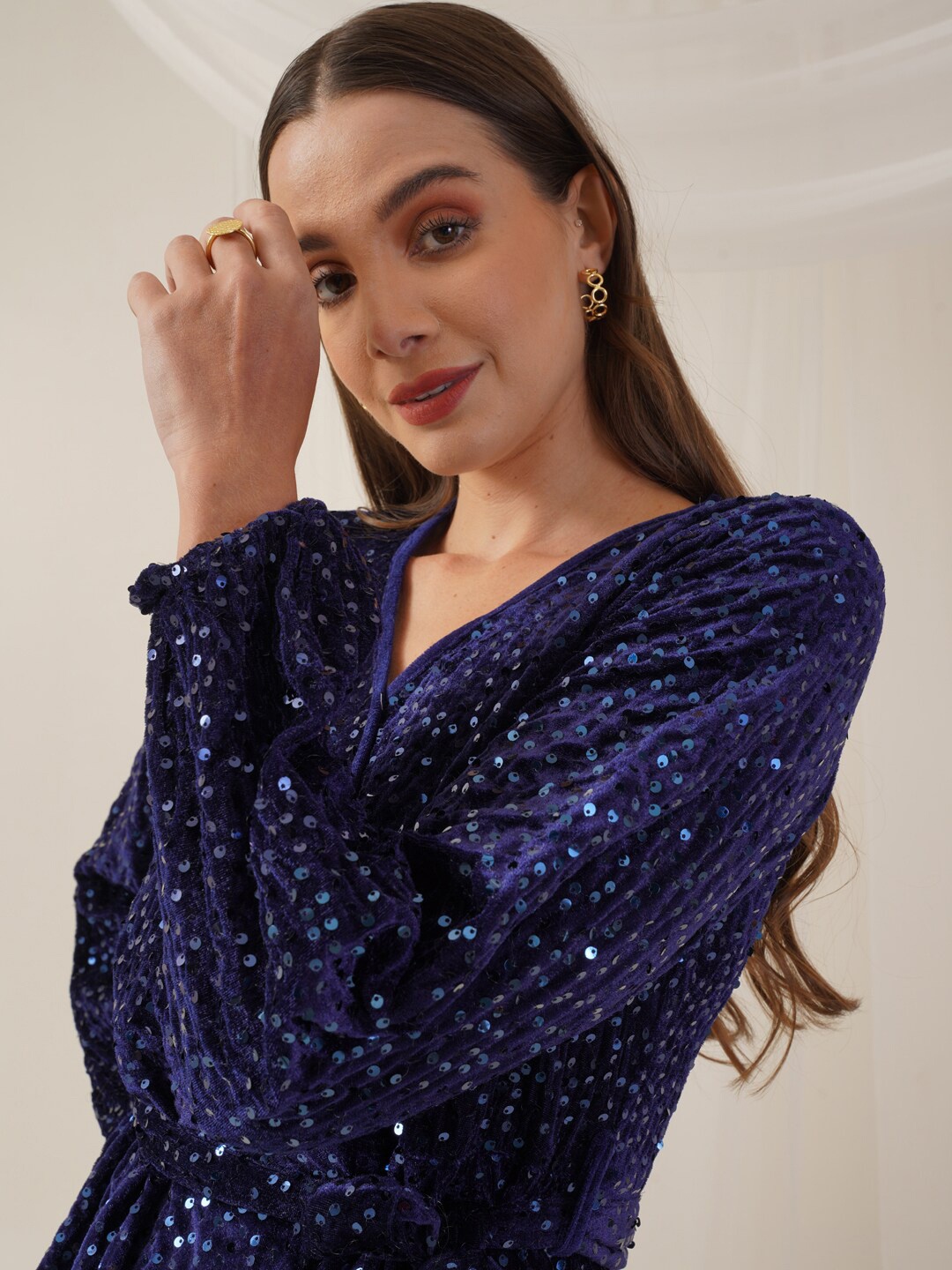 

Indian Needle Embellished Sequined Velvet Wrap Dress, Navy blue