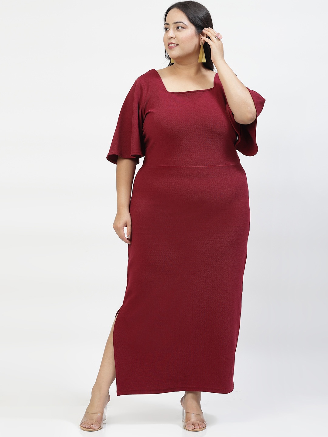 

plusS Burgundy Square Neck Flared Sleeve Maxi Dress