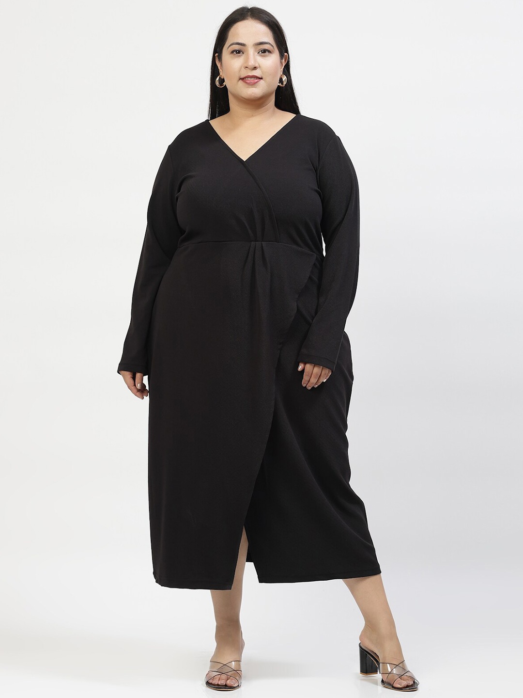 

plusS Plus Size V-Neck Wrap Midi Dress, Black