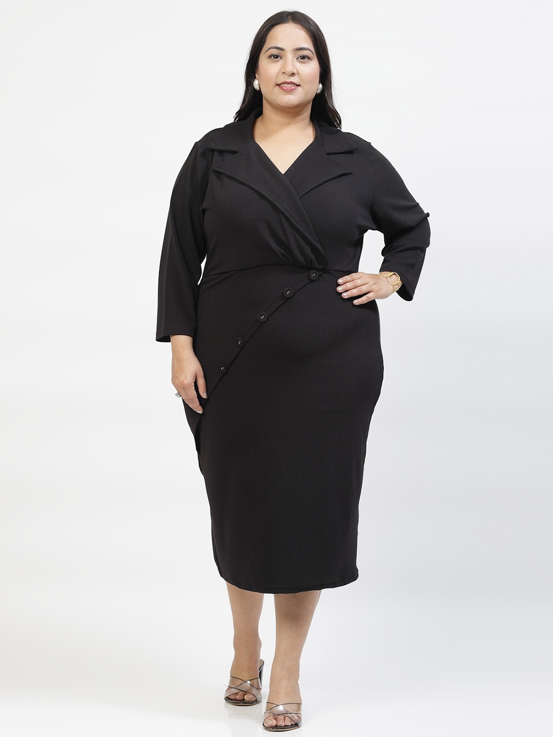 

plusS Plus Size Shirt Collar Wrap Dress, Black