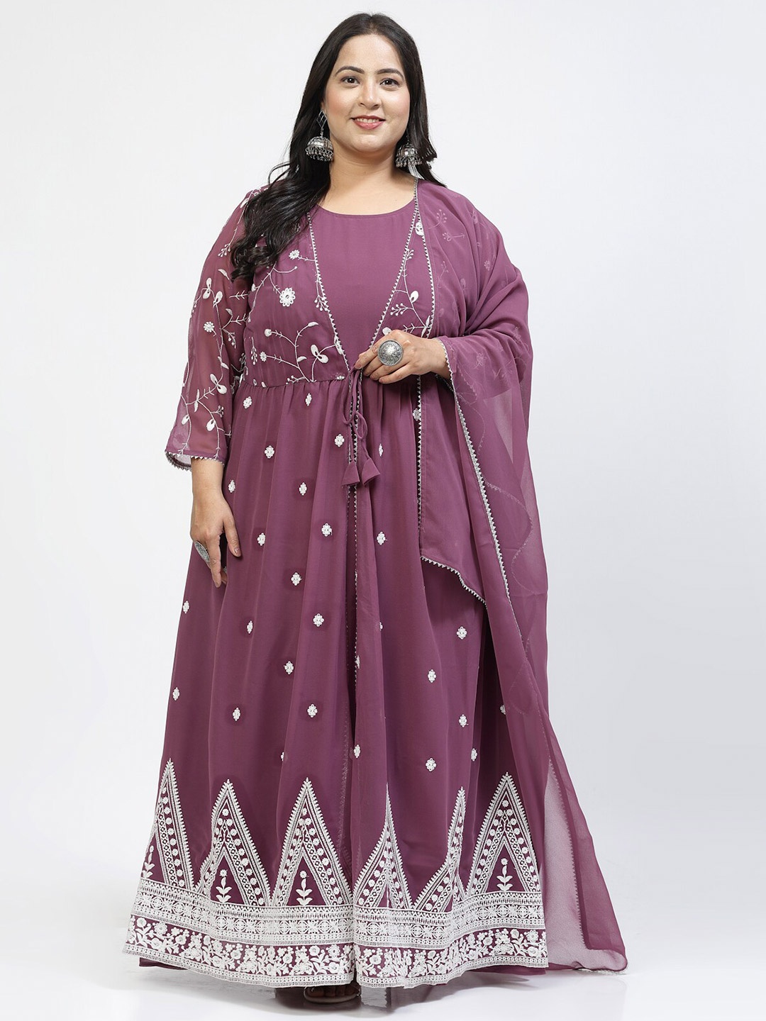 

plusS Floral Embroidered Regular Gotta Patti Plus Size Dress With Dupatta, Mauve