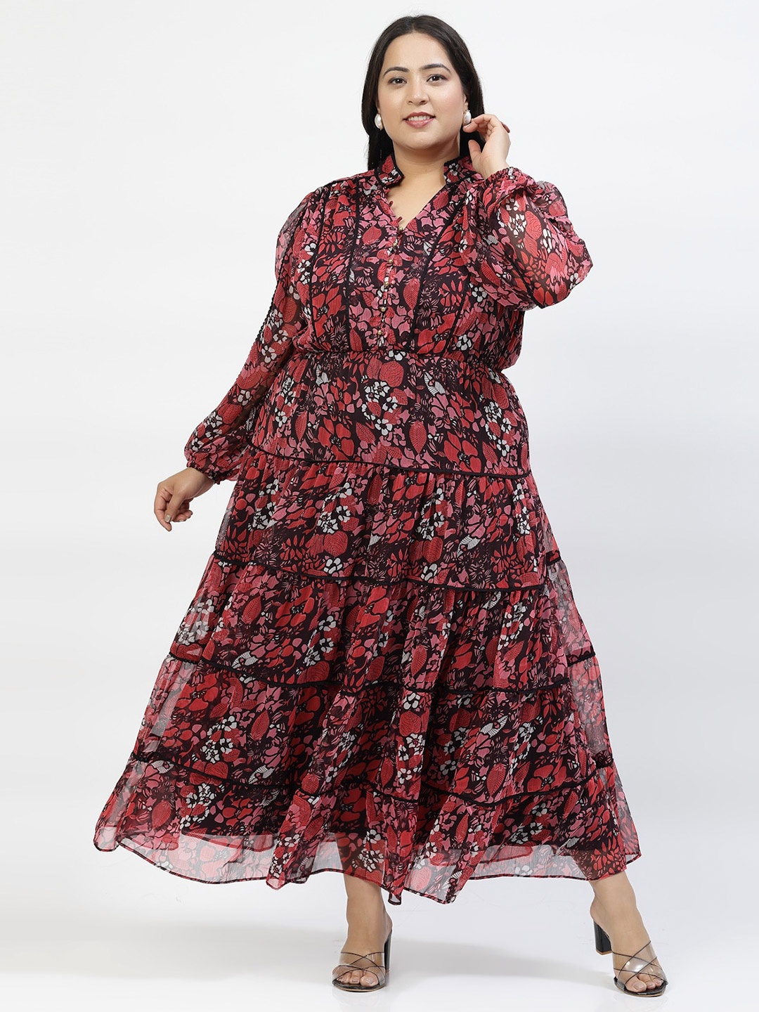 

plusS Red V Neck Puff Sleeves Floral Printed Maxi Dress