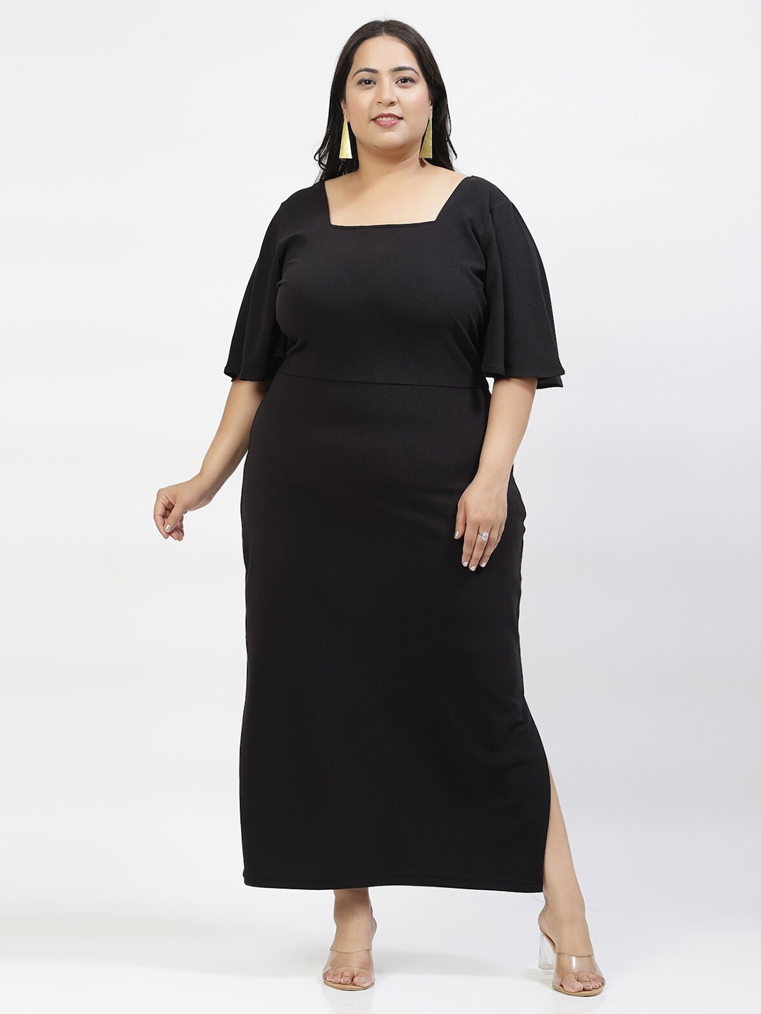 

plusS Flared Sleeve Plus Size Sheath Maxi Dress, Black