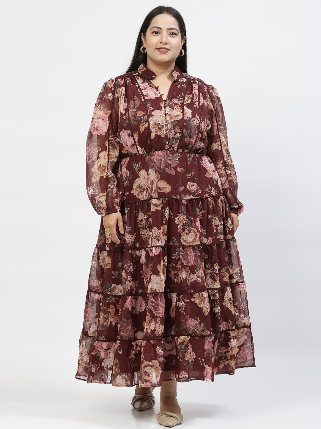 

plusS Floral Printed Puff Sleeve Plus Size Fit And Flare Maxi Dress, Maroon