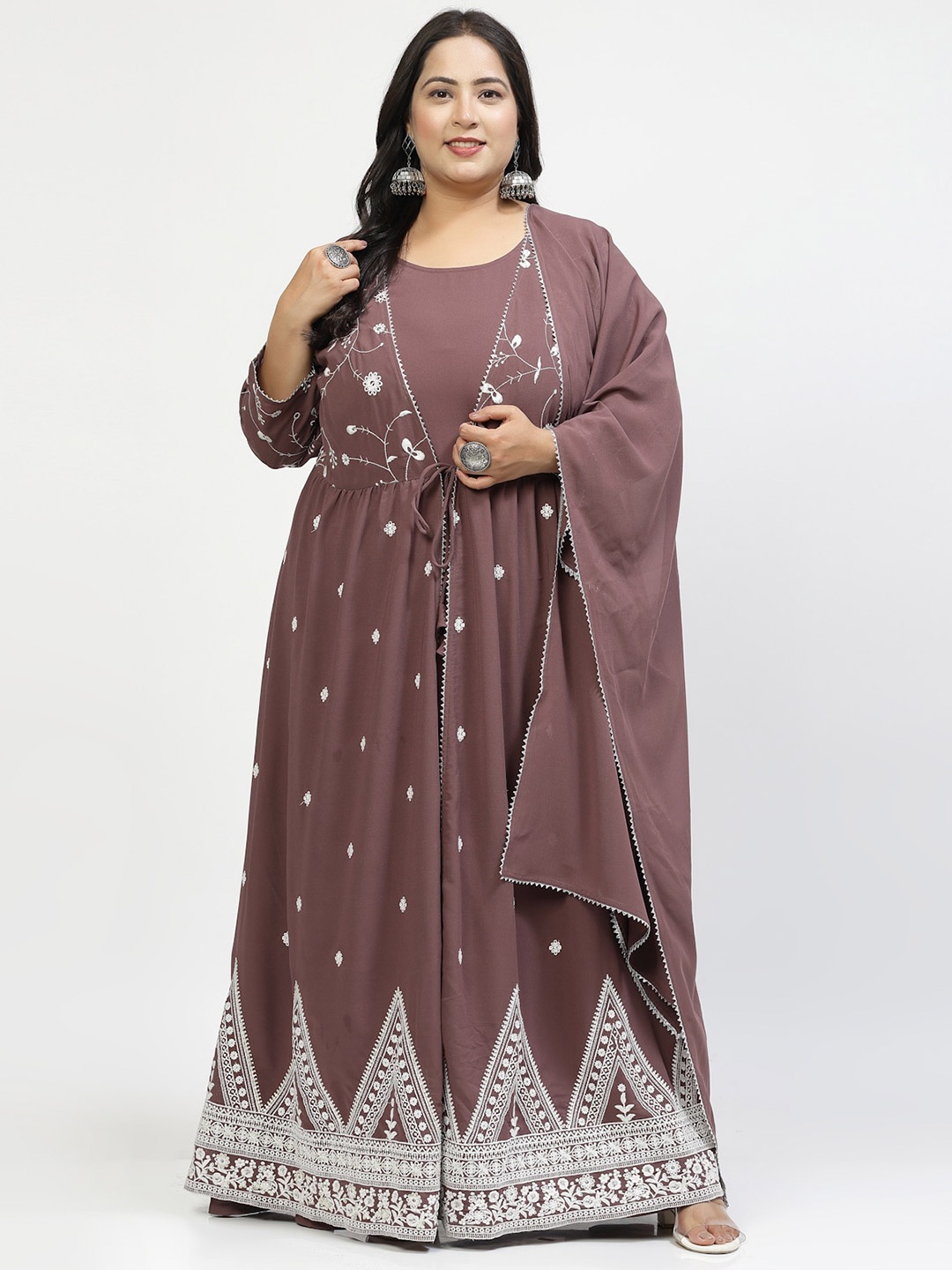 

plusS Floral Embroidered Regular Gotta Patti Plus Size Dress With Dupatta, Brown