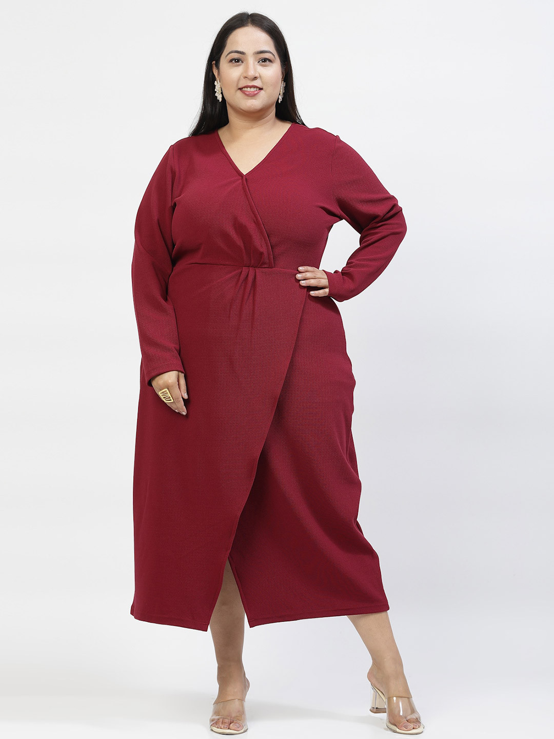 

plusS V Neck Plus Size Wrap Midi Dress, Burgundy