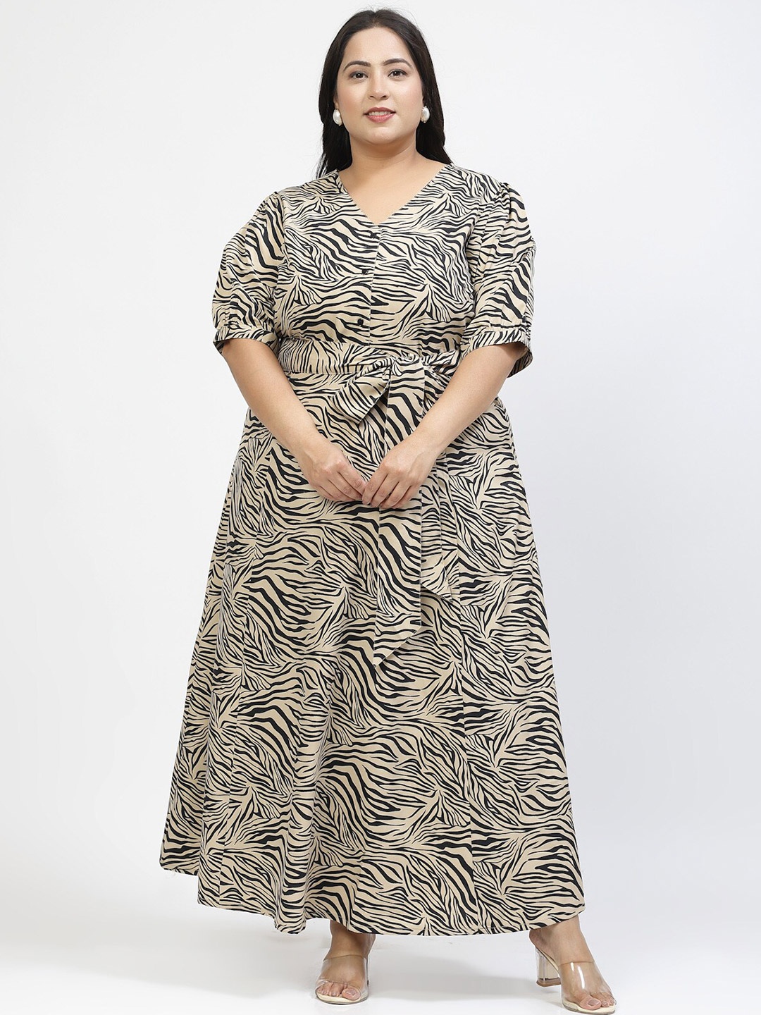 

plusS Animal Printed V Neck Plus Size Fit & Flare Maxi Dress, Beige