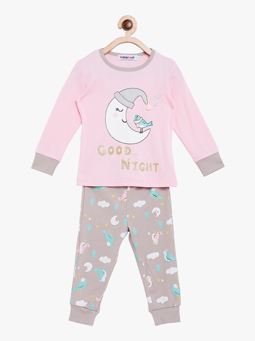 

BAESD Girls Printed Pure Cotton Night Suits, Pink