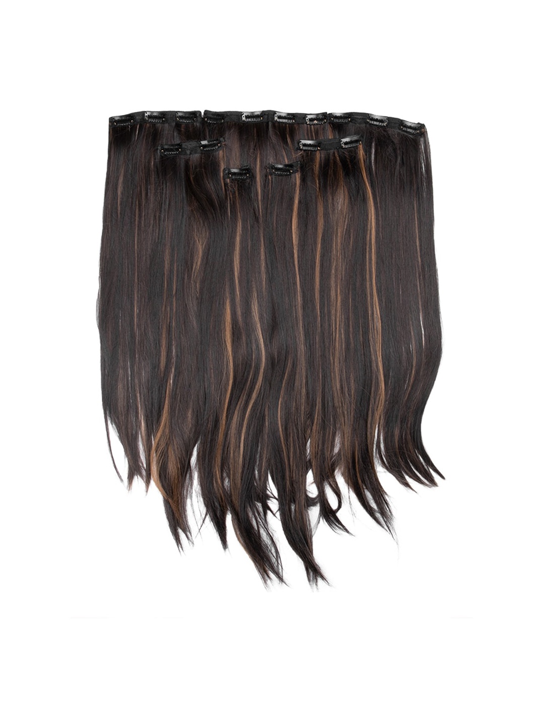 

Streak Street Set In Clip Volumizer Dark Brown Hair Extension With Golden Highlights, Gold