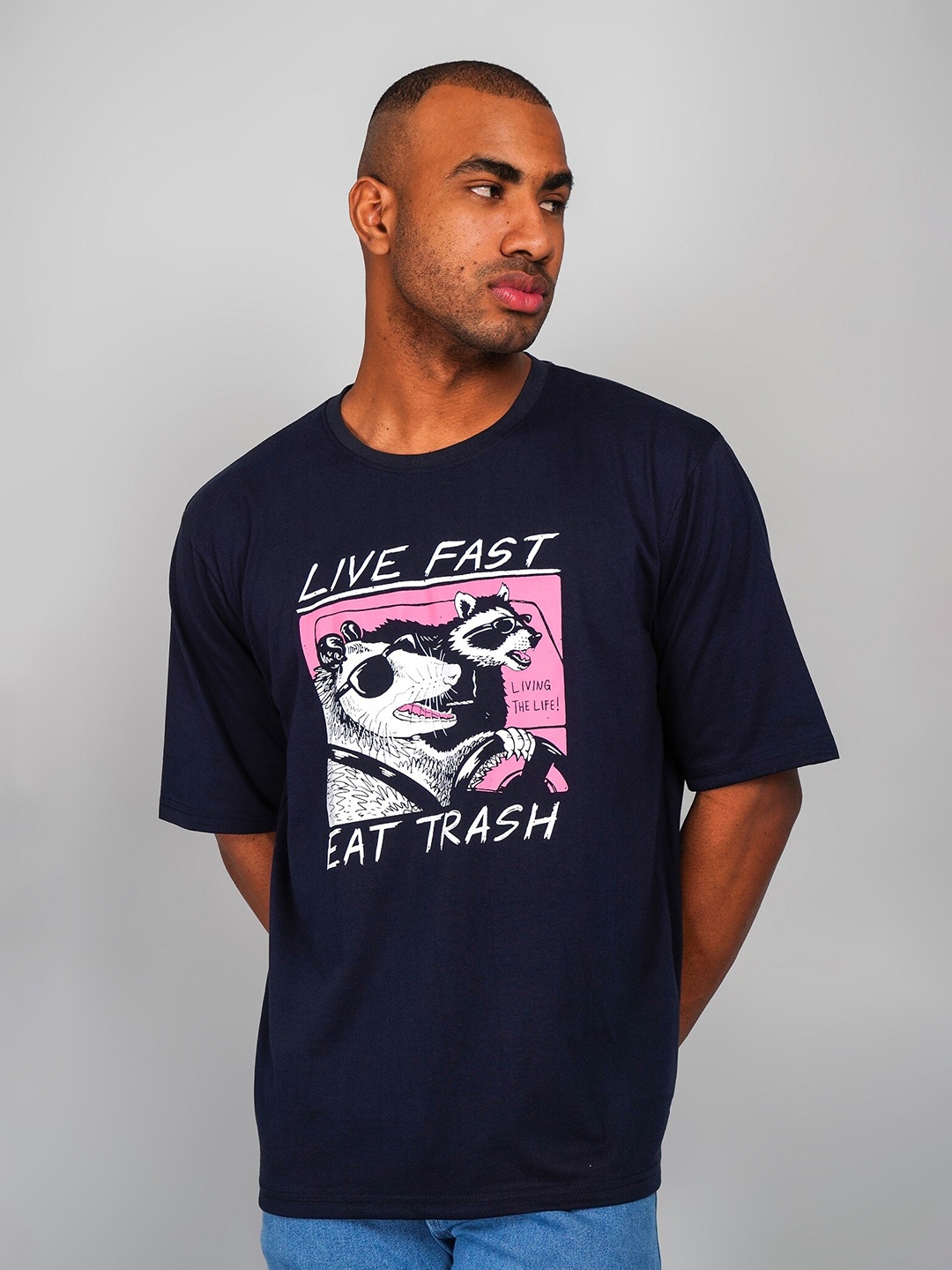 

ABSOLUTE DEFENSE Printed Short Sleeves Round Neck Cotton Applique T-shirt, Blue