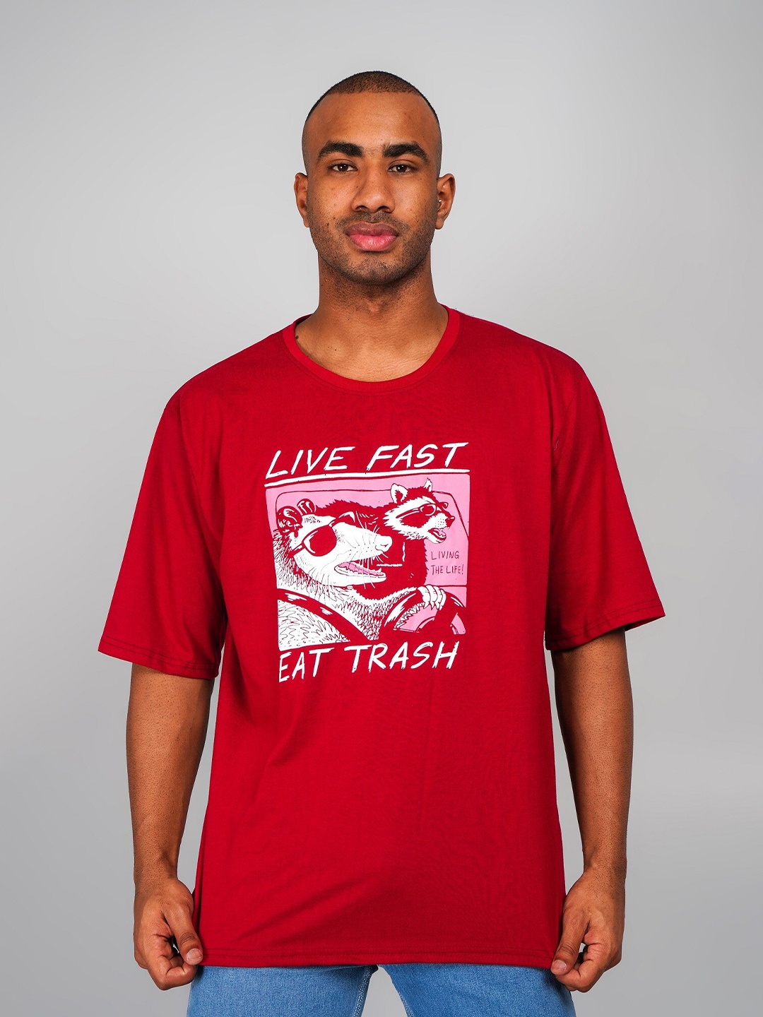 

ABSOLUTE DEFENSE Graphic Printed Round Neck Short Sleeves Pure Cotton Oversized T-shirt, Maroon