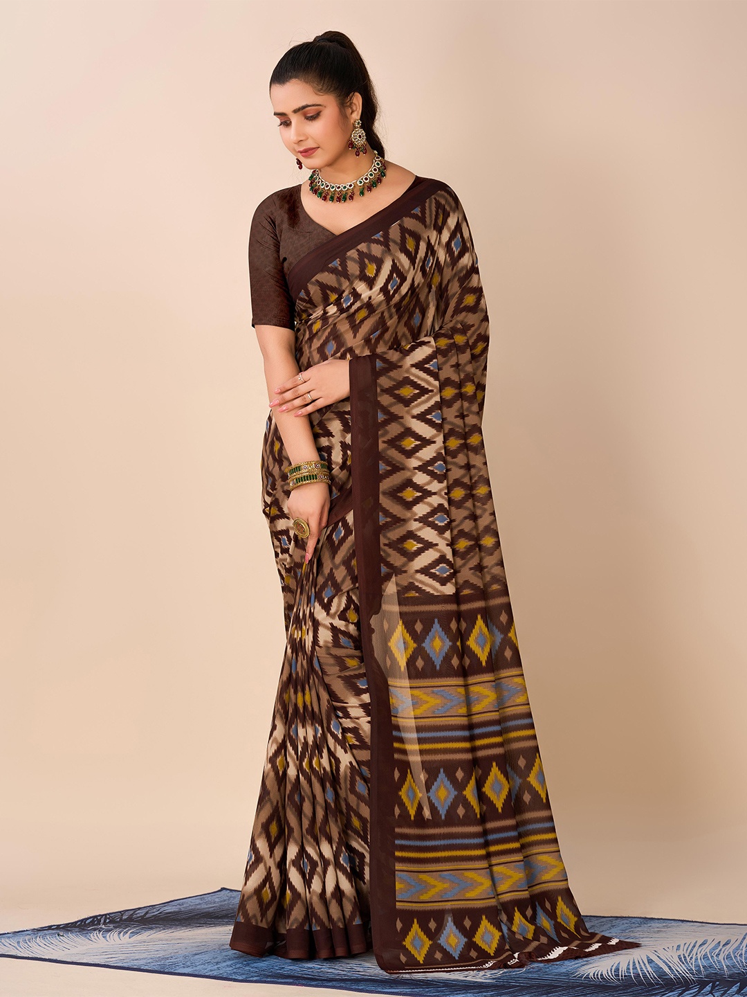 

HALFSAREE STUDIO Geometric Printed Saree, Coffee brown