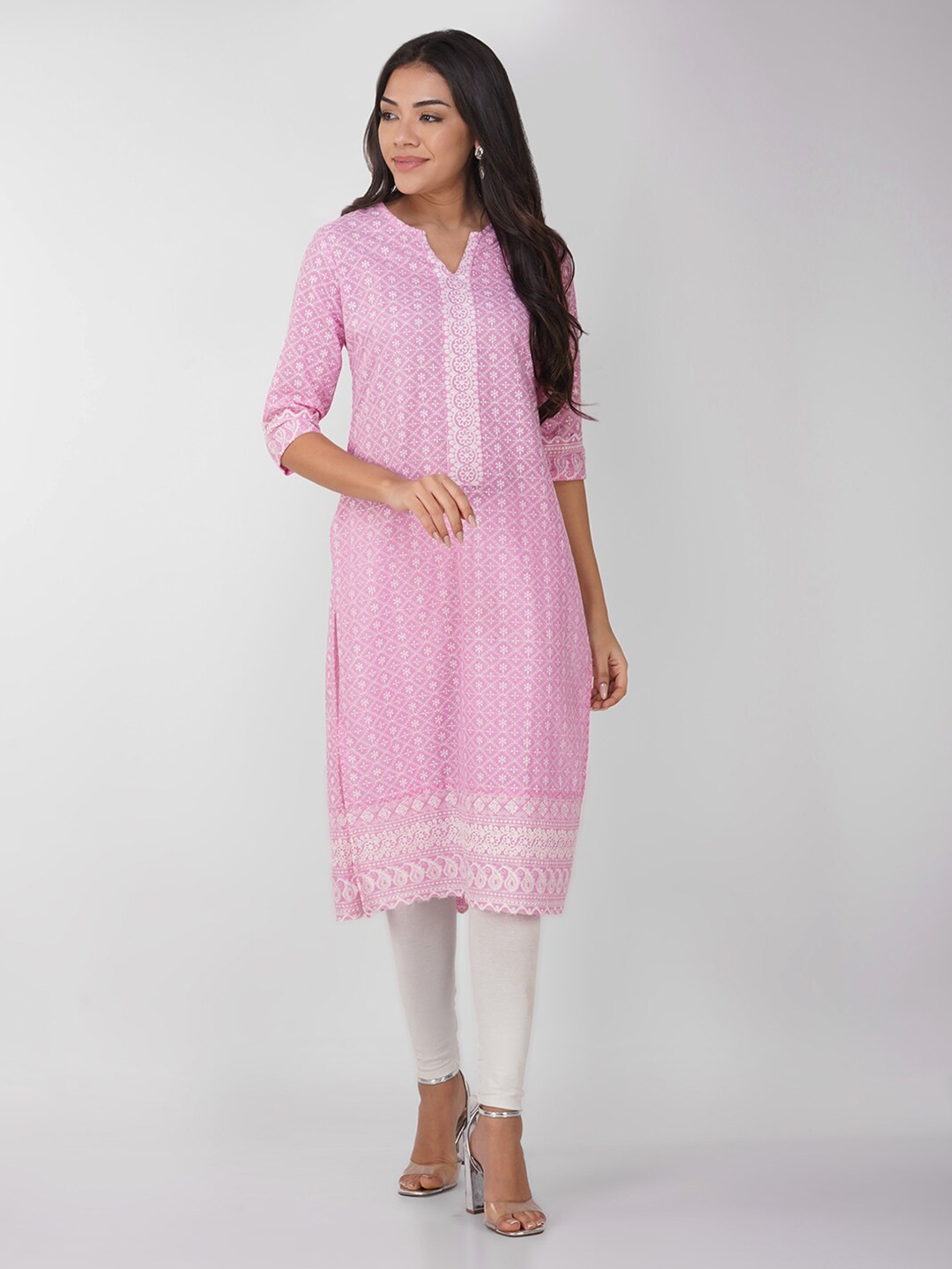 

KALINI Floral Chikankari Embroidered Pure Cotton Straight Kurta, Pink