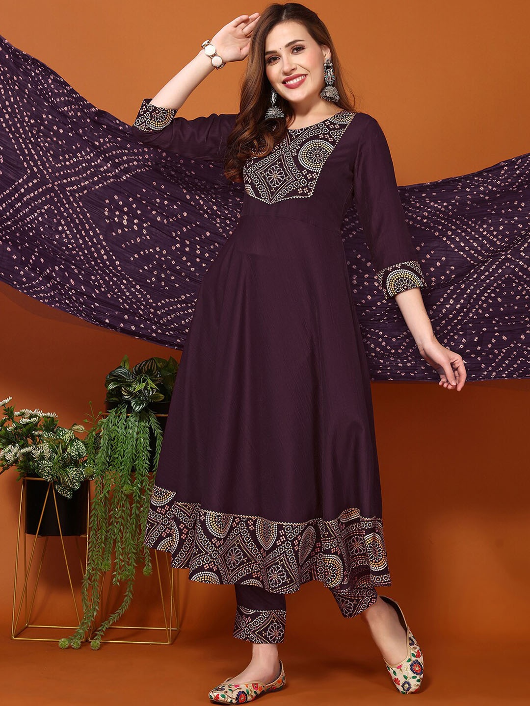 

SKYLEE Printed Regular Kurta with Trousers & With Dupatta, Purple