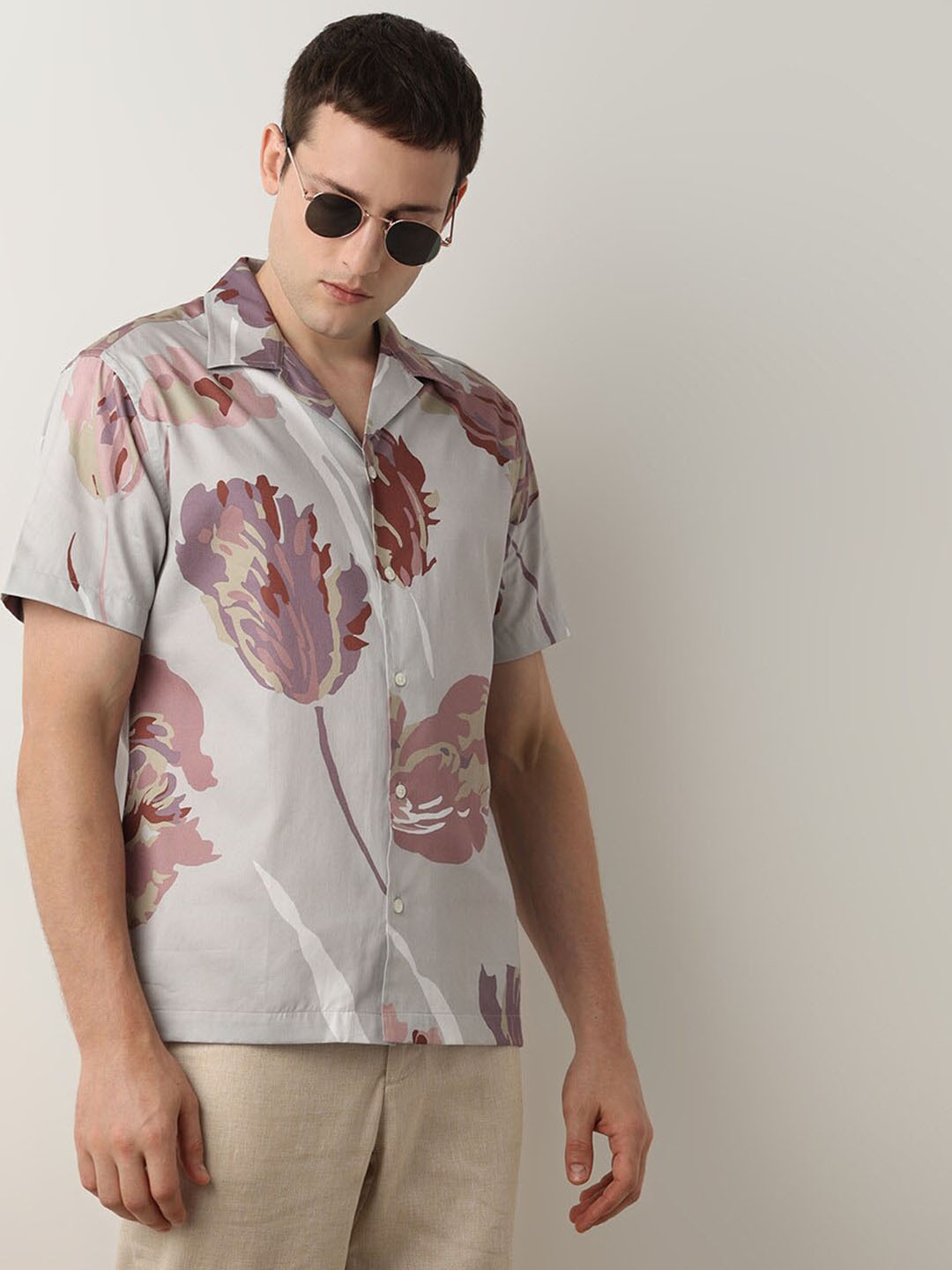 

SELECTED Floral Printed Cuban Collar Casual Shirt, Grey