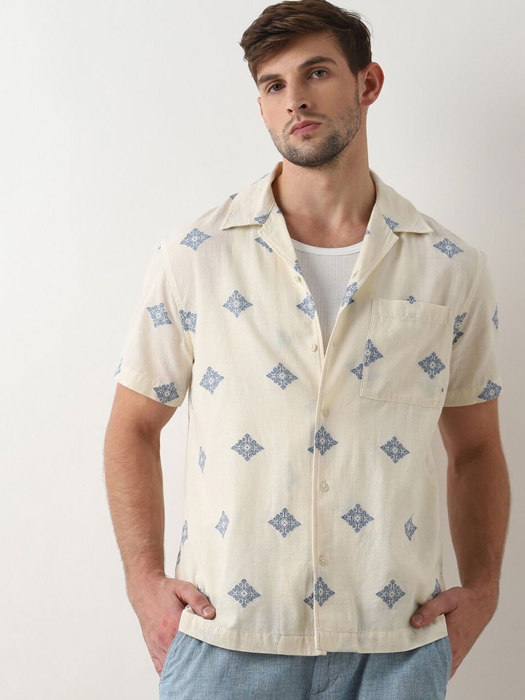 

SELECTED Ethnic Motifs Printed Cuban Collar Cotton Casual Shirt, Beige