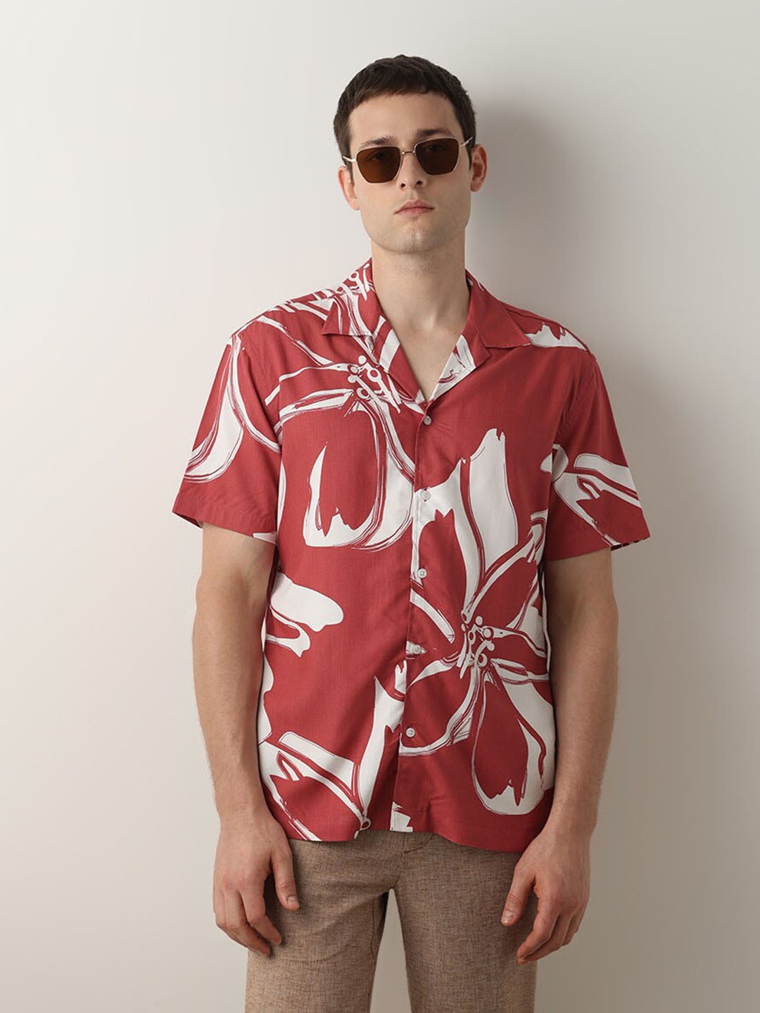 

SELECTED Abstract Printed Cuban Collar Casual Shirt, Red