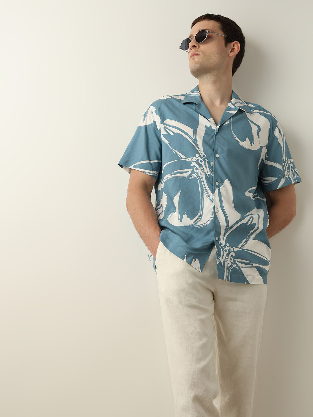 

SELECTED Floral Printed Cuban Collar Casual Shirt, Blue