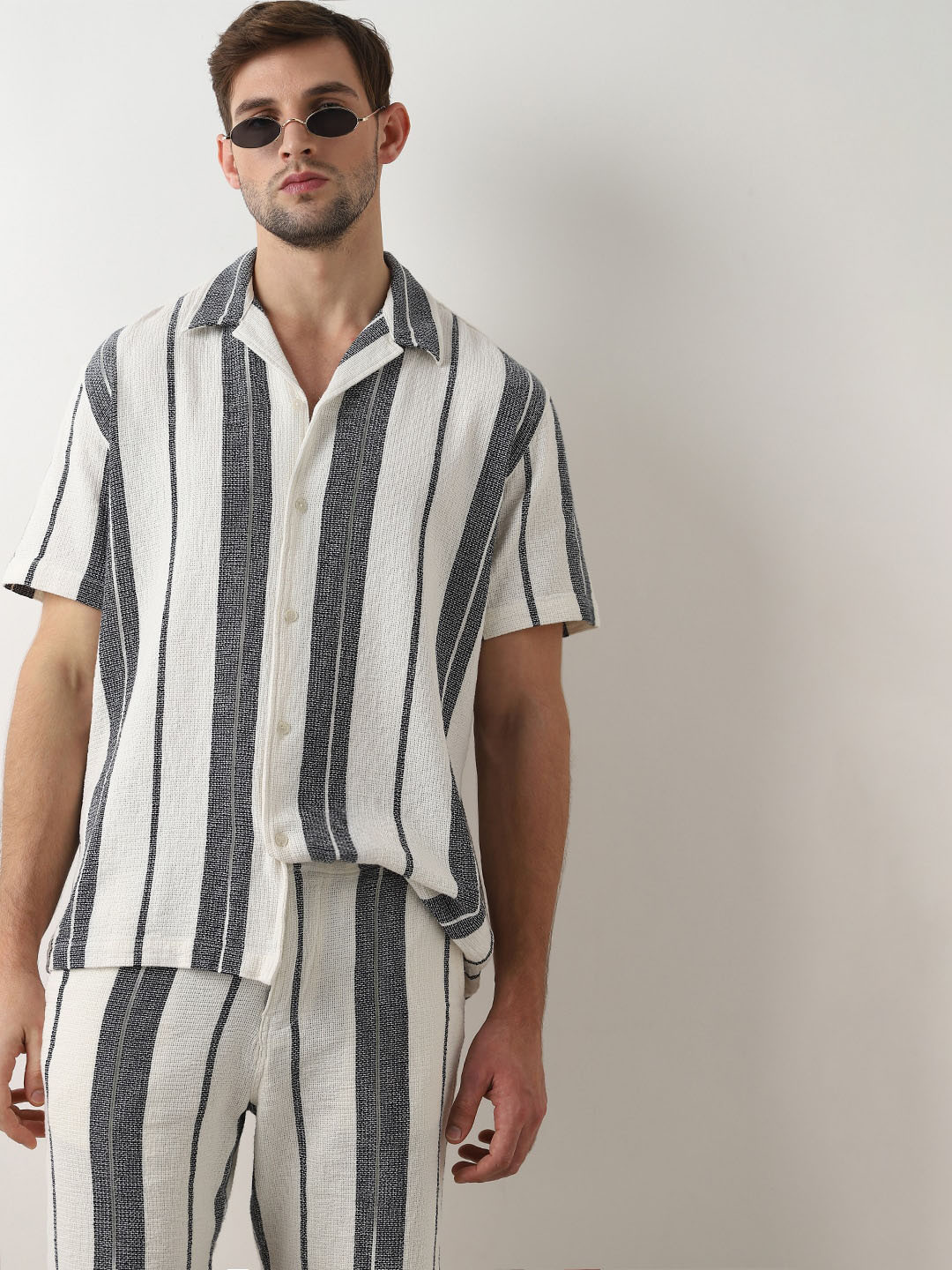 

SELECTED Vertical Striped Cuban Collar Organic Cotton Casual Shirt, White