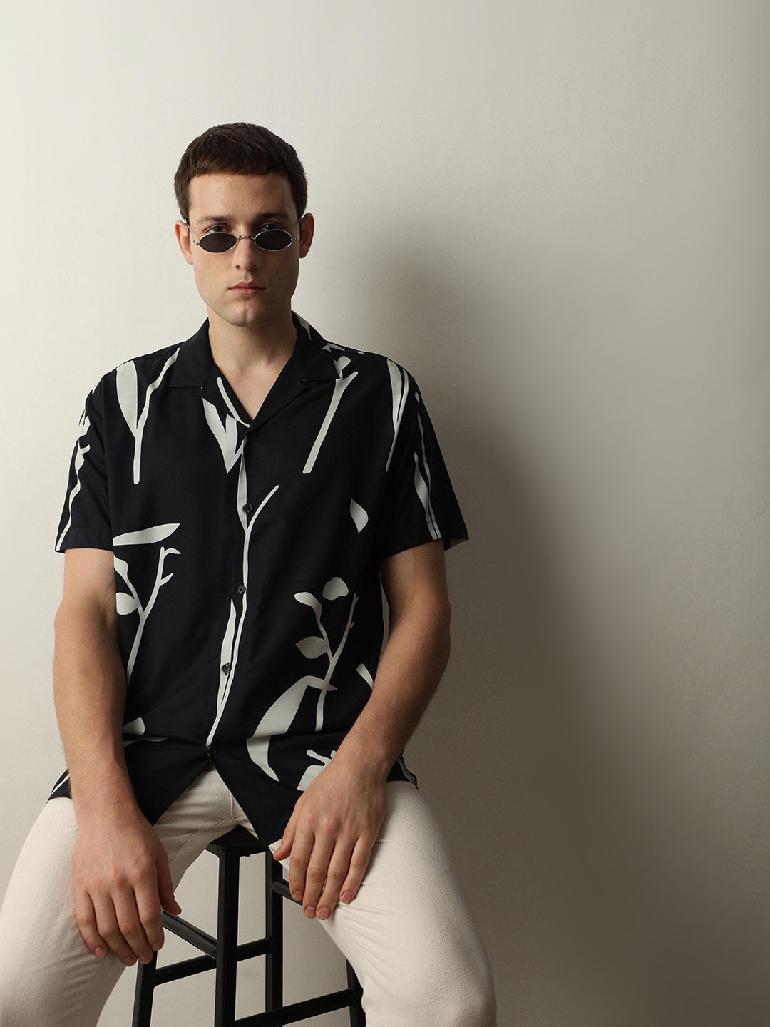 

SELECTED Floral Printed Cuban Collar Casual Shirt, Black