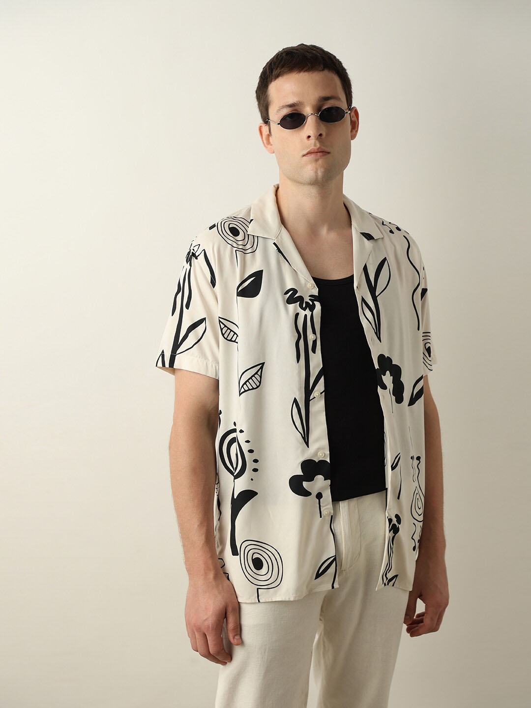 

SELECTED Floral Printed Cuban Collar Casual Shirt, Off white