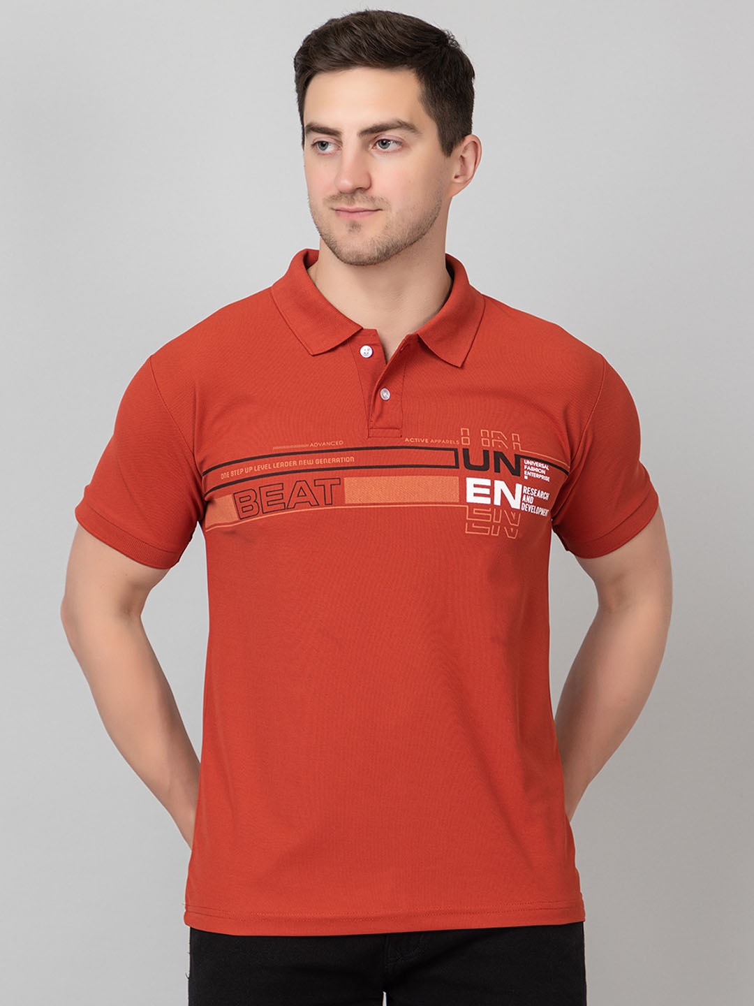 

ZEFFIT Typography Printed Polo Collar Casual T-shirt, Rust